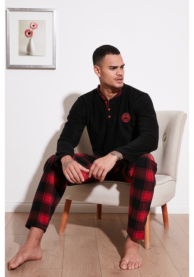 Buratti Ekose Regular Fit Bisiklet Yaka Kışlık Polar Erkek Pijama Takımı 609610013W4 Siyah-Kırmızı