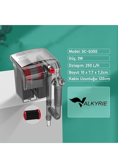 Valkyrie Akvaryum Askılı Şelale Filtre 3w 250 L/h Sessiz Çalışma Yüzey Temizleyici Sünger Filtreli