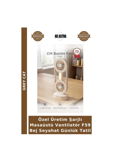 Özel Üretim Şarjlı Masaüstü Vantilatör F59 Bej Seyahat Günlük Tatil