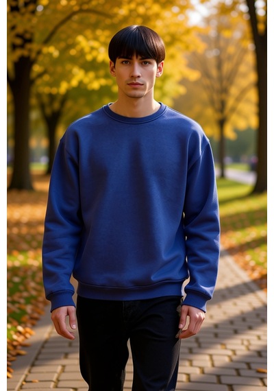 Benerly Erkek Bisiklet Yaka Düşük Kol Oversize Kalın Nakışlı Sweatshirt F Lacivert