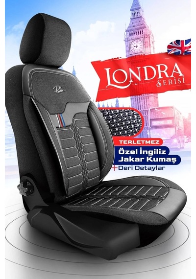 Siyah - Gri Panda Londra Serisi İngiliz Jakar Kumaş Oto Koltuk Kılıfı - Tam Set