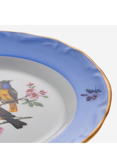 Altın Dekorlu Yeşil Kuşlu Mavi Porselen Pasta Tabağı 19 Cm