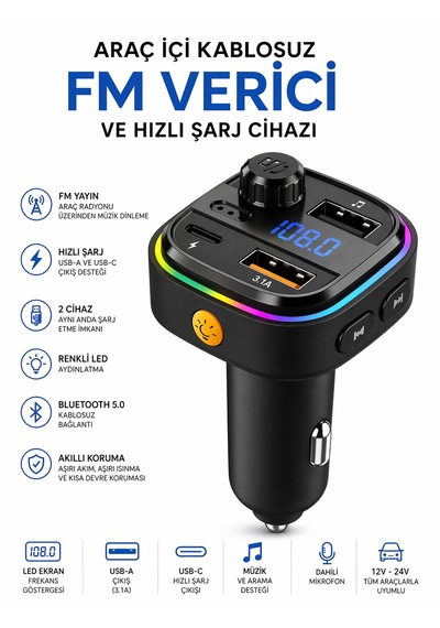 Araç İçi Bluetooth Fm Transmitter Usb-c Hızlı Şarj Çift Usb Led Ekran 12-24v 12w