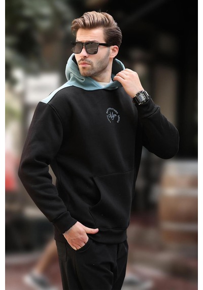 Madmext Siyah Kapüşonlu Renk Bloklu Nakış Detaylı Erkek Sweatshirt 7088 Siyah