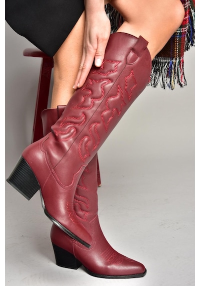 Fox Shoes T296815009 Bordo Kovboy Model Kadın Çizme Bordo-suni Deri Bordo