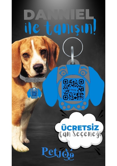Petjoo 21.Danniel Mavi-Gri Qr'lı Köpek Künyesi
