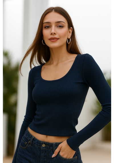 Rich Kadın Lacivert Soft Touch Fitilli Uzun Kollu Bluz Lacivert