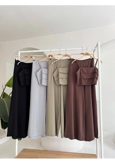 Defymoda Crop Plazzo Pantolon Takım 10155-08 Gri