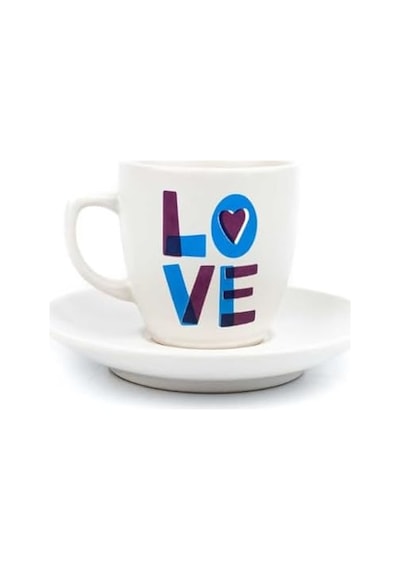 Love Krem Türk Kahvesi Fincanı - Hediye Seramik Türk Kahvesi Fincanı Açık Ahşap