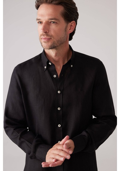 Erkek Siyah Slim Fit Yaka Düğmeli %100 Keten Gömlek