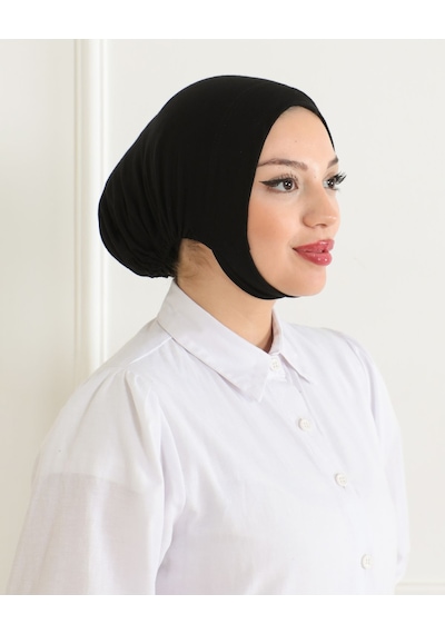 Melodi Scarf Kadın Tesettür Geniş Hacimli Pratik Ense Ve Çene Altından Geçmeli Kaymayan Bone Siyah Çeneli Bone Siyah