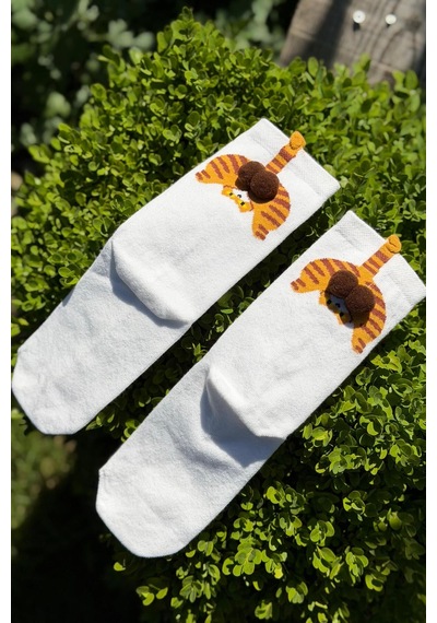 Lousocks Unisex Kahverengi Kedi Desenli Ponpon Soket Çorap