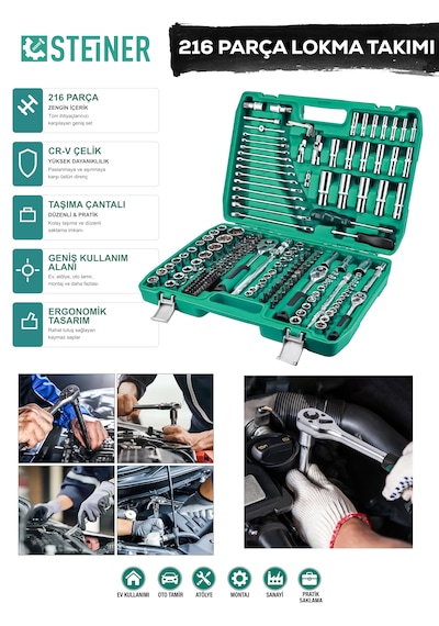 Steiner Ultra Güçlü 1/4 Cırcırlı 216 Parça Lokma Anahtar Takımı Oto Tamirci Full Tam Set 72 Diş
