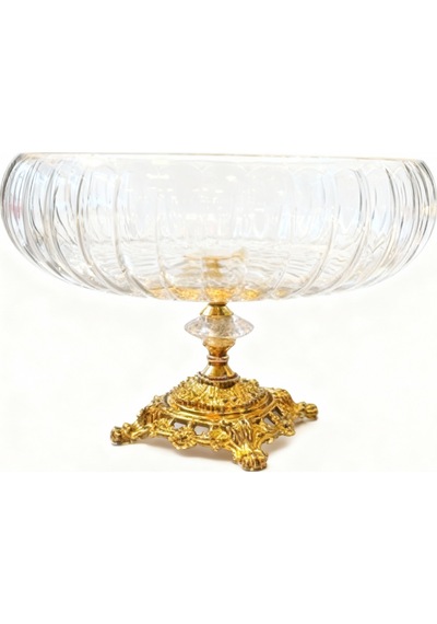 Assa Bazaar Lotus Kristal 24 Cm Kesme Dekor Metal Ayaklı Salata Kasesi Gold Cam Sunumluk & Servis Tabağı Gri