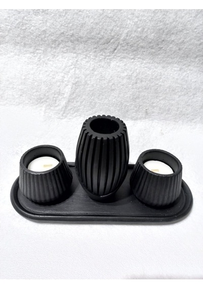 İskandinav Vazolu Tabaklı Tealight Mumluk Set Siyah Siyah