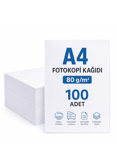 A4 Kağıt 100 Adet 80 Gr Fotokopi Kağıdı Yazıcı Kağıdı Beyaz Copy Paper Ofis Okul Ev