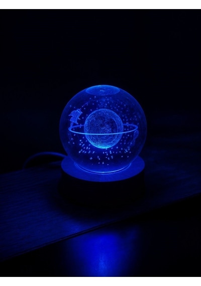 Satürn Kız Temalı Kristal Küre Renkli Rgb Led Ledli Usb'li Ahşap Standlı 3d Oda Masa Ve Gece Lambası Çok Renkli