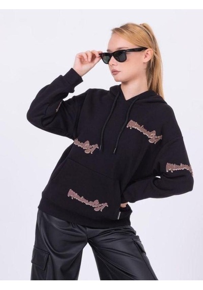Kız Çocuk Kapüşonlu Punch İşlemeli Şardonlu Kapüşonlu Sweatshirt-13457-siyah Siyah