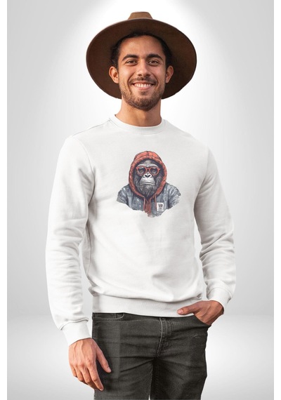 Kırmızı Gözlük Çeket Maymun Unisex Beyaz Baskılı Sweatshirt Beyaz