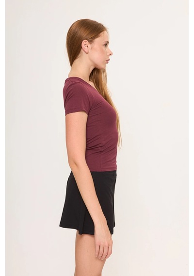 Zoor Ultra Soft Penye Modal V Yaka Kısa Kollu Bluz Bordo