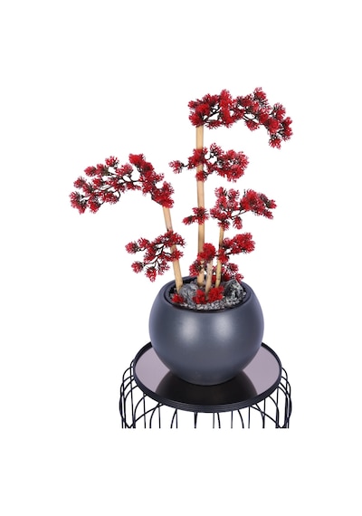 Yapay Çiçek Sitesi Antrasit Küre Saksıda Modern Minimal Tasarım Yapay Bonsai Ağacı Kırmızı 65 Cm