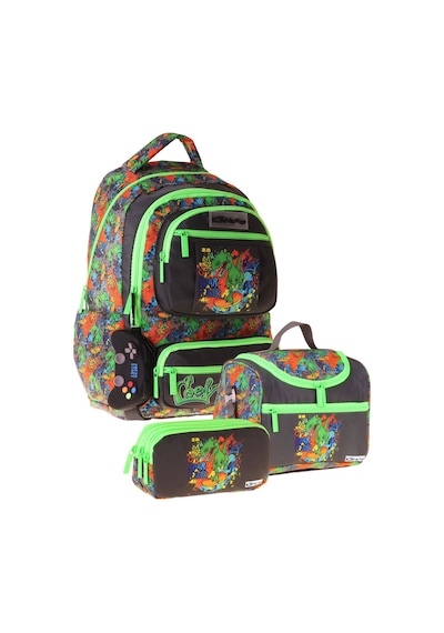 Kaukko Kids Street Siyah - Yeşil Renk Erkek Çocuk Üçlü İlkokul Okul Çantası Seti/takımı - Setkk-l5414a Çok Renkli