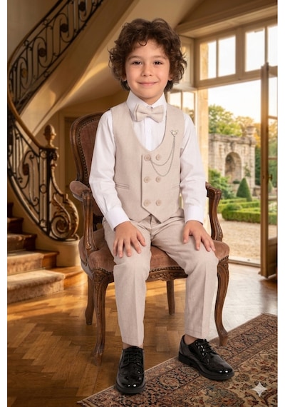 Baby Kids Colors Erkek Çocuk Smokin Takım Elbise 6 Düğmeli Yelekli Papyonlu Zincirli 4'lü Takım Bej