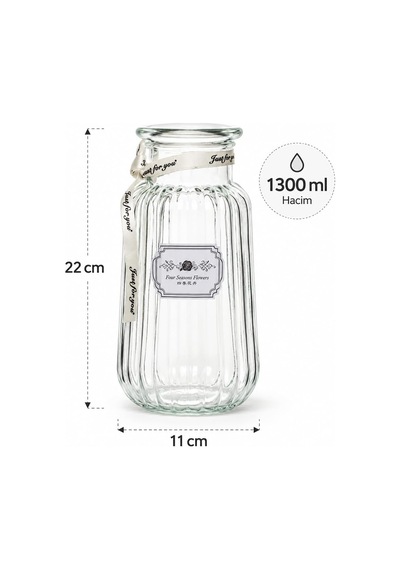 04286 Çizgili Cam Vazo 1300 Ml Kurdele Detaylı Şeffaf Vazosu 22 Cm Çok Renkli