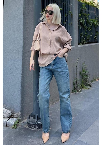 Madmext Bej Uzun Kollu Çizgili Oversize Gömlek Mg2080-bej Bej