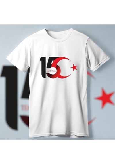 15 Temmuz Demokrasi Ve Milli Birlik Günü Ay Yıldız Baskılı T-shirt - Beyaz Çok Renkli