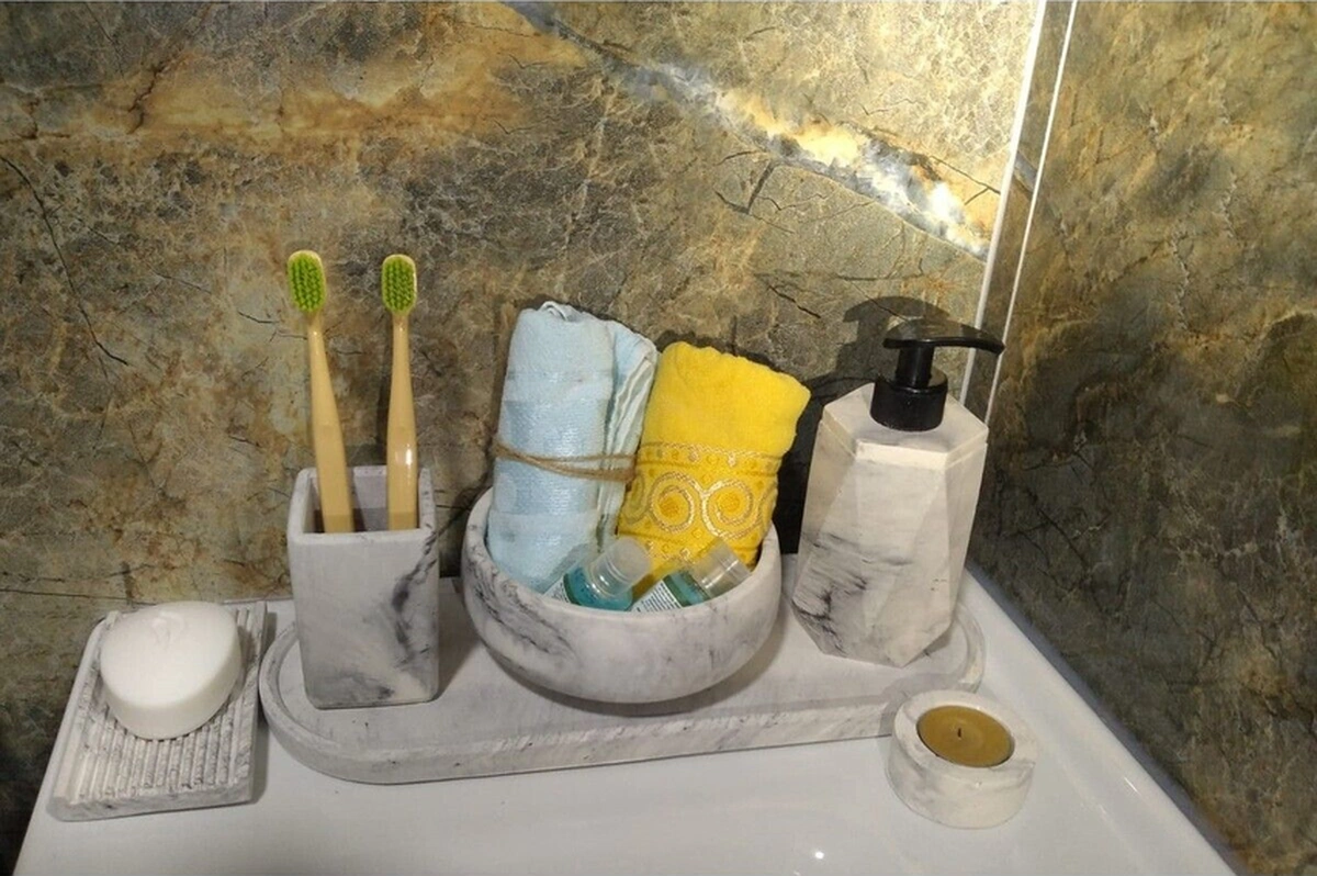 Marble Serisi 6'lı Banyo Seti, Sıvı Sabunluk Diş Fırçalığı Beton Aksesuar Takımı Gri