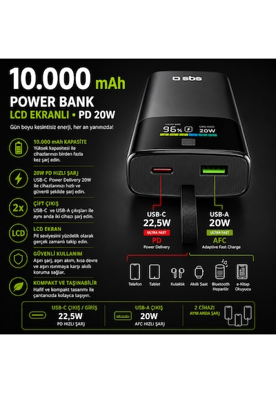 Sbs 10000 Mah Powerbank Dahili Usb-c Kablolu Lcd Ekranlı Pd 20w Hızlı Şarj Usb-a 22.5w Siyah 10.000 Mah