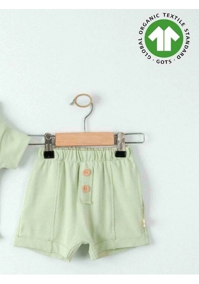 Zekids Bebek Organik Pamuklu Basic Kapüşonlu Tshirt Şortlu Takım-15908 Yesil