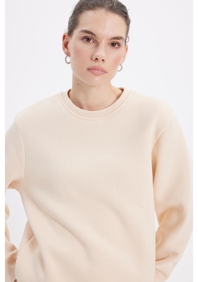 Tudors Kadın Oversize Geniş Kesim Pamuklu 3 İplik İçi Polarlı Basic Bej Bisiklet Yaka Sweatshirt-42065 Bej