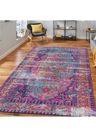 Lane Kadife Pamuk Tabanlı Yıkanabilen Kaydırmaz Antibakteriyel Salon Halısı 140x200 Çok Renkli