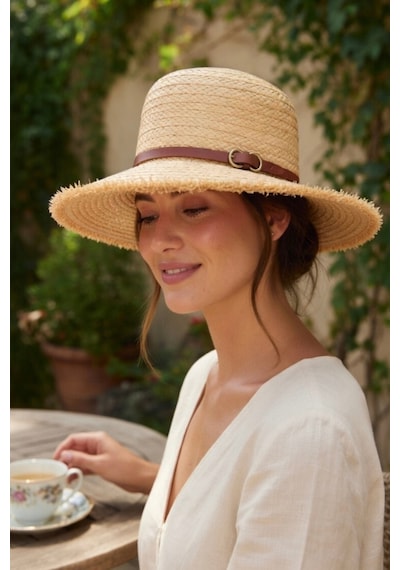 Mollycrush Kadın Camel Suni Deri Kemer Detaylı Plaj Şapkası Geniş Kenarlı Trend Model Kahverengi