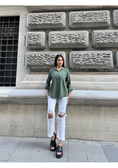 WeShaya Haki Kırışık Oversize %100 Pamuk Gömlek Haki