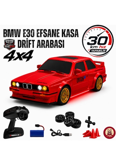 Uzaktan Kumandalı Bmw E30 Drift Arabası Retro Efsane Kasa 30 Km/h Sürat Yapabilen 4x4 Şarjlı Hız Ayarlı Led Işıklı 7 Farklı Renk 2 Farklı Mod Kırmızı