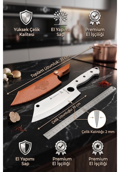 Sürmene Serisi 3 Lü Mutfak Şef Bıçağı Seti Beyaz Verzalit Sap Et Sebze Kamp Outdoor Bıçak Deri Kılıflı Mft-037
