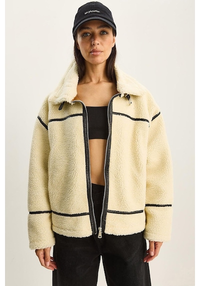 Shade Kadın Suni Deri Biye Detaylı Cepli Teddy Biker Ceket 2370 60281126 - Bej
