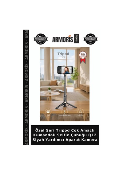 Özel Seri Tripod Çok Amaçlı Kumandalı Selfie Çubuğu Q12 Siyah Yardımcı Aparat Kamera