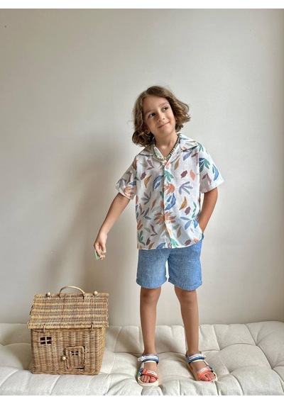 Miniko Kids Erkek Çocuk Yaprak Desenli Muslin Şortlu Gömlekli Pamuk Takım Ekru