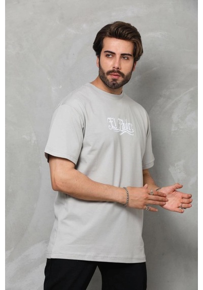 Erkek Kısa Kol Yazlık Tişört Bisiklet Yaka Baskılı Oversize T-shirt - Gri