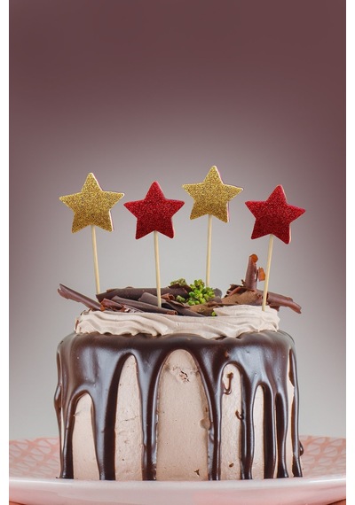 Gold-kırmızı Çift Taraflı Yıldız Simli Eva Kürdan Cupcake Toppers Cupcake Çubuğu 12'li