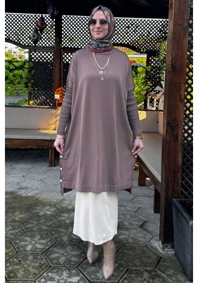 Rabia Şamlı Sevda Triko Tunik Sütlü Kahve Çok Renkli