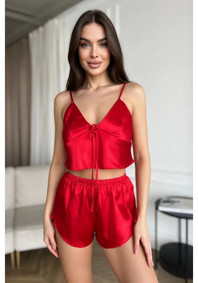 İkikareshop Özel Tasarım Kadın Kırmızı Saten Pijama Takımı İnce Askılı Şortlu Çok Renkli