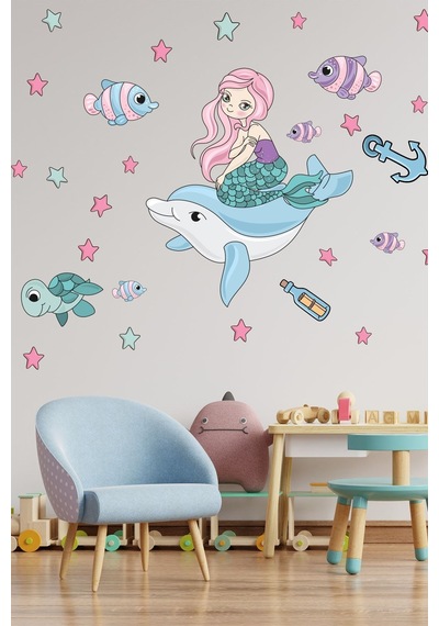 Deniz Kızı Ve Balıklar Temalı Çocuk Odası Banyo Duvar Sticker Turuncu