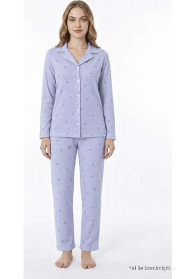 Cottonill Mavi Desenli Waffle Dokulu Gömlek Yaka Düğmeli Uzun Kollu Kadın Pijama Takımı Cottonill Mavi Desenli Waffle Dokulu Gömlek Yaka Düğmeli Uzun Kollu Kadın Pijama Takımı