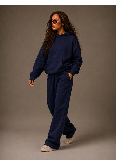 Macklin Unisex Kadın Erkek Baskısız Sweatshirt Oversize 3 İplik Kapüşonlu Hoodie Ve Baggy Eşofman Altı Lacivert
