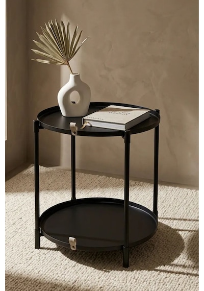 Çift Tepsili Katlanır Orta Yan Yuvarlak Sehpa Metal Ayak - Modern Sehpa 50cm 44 Cm Tepsi Deri Kulplu Mat Siyah
